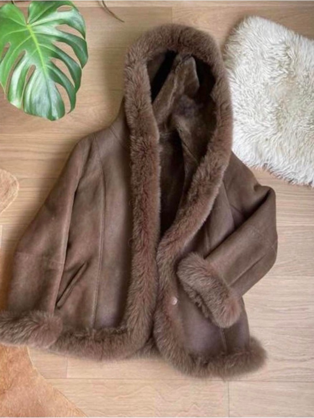 Vintage Suede and Fur Trim Hooded Coat